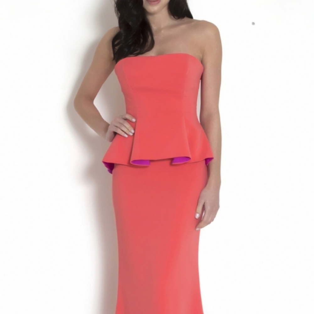 Badgley Mischka Coral Strapless Peplum Gown with Purple Lining